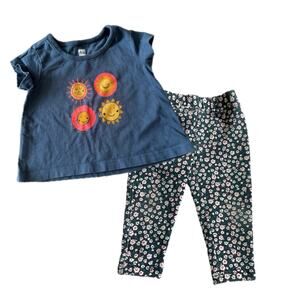 Tea Collection Baby Outfit: Blue Sun Tee & Floral Pants 6-9 Months